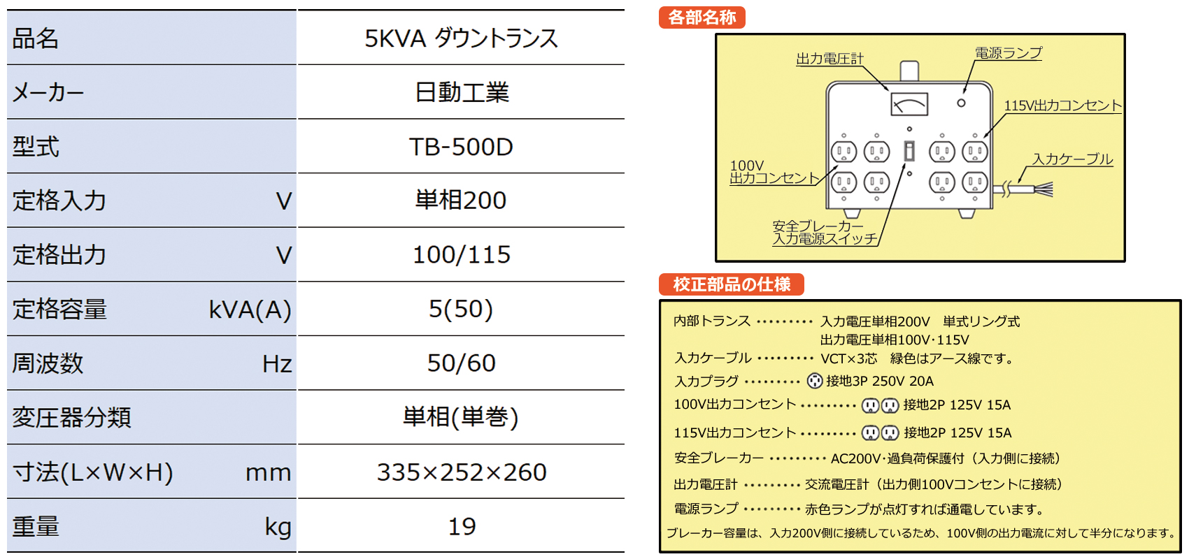 大勧め MKGショップ日動 変圧器 降圧専用トラパック 5KVA TB500D